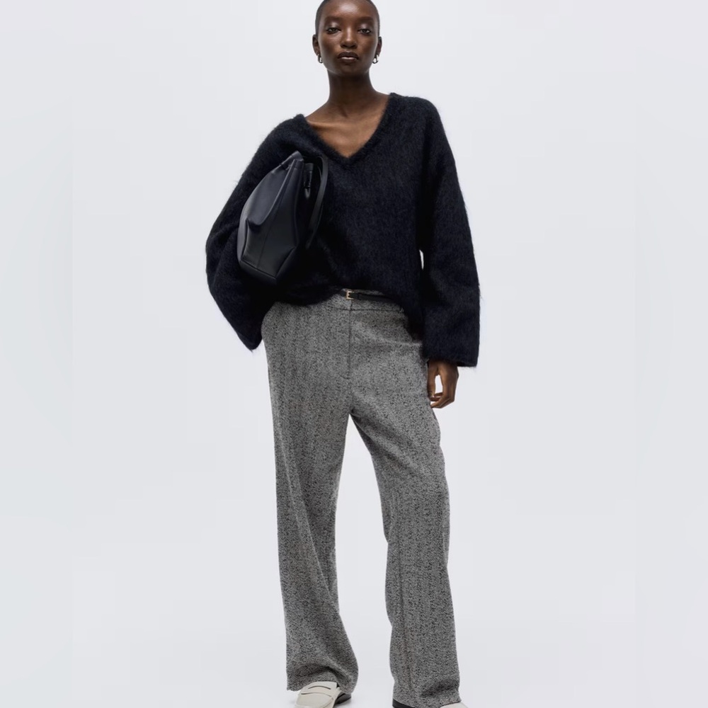 H&M Gray Herringbone Wide Leg Wool Trousers with Elastic Waist